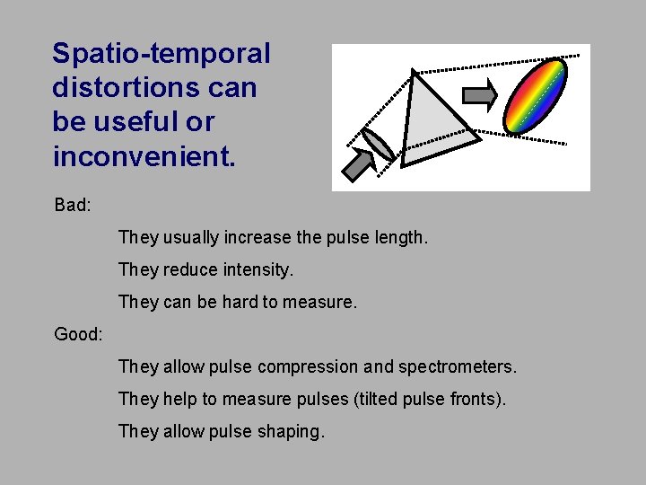 Spatio-temporal distortions can be useful or inconvenient. Bad: They usually increase the pulse length.