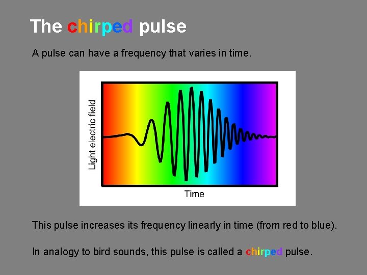 The chirped pulse A pulse can have a frequency that varies in time. This