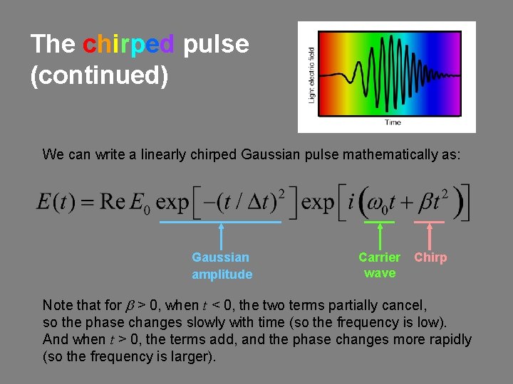 The chirped pulse (continued) We can write a linearly chirped Gaussian pulse mathematically as: