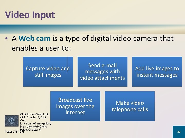 Video Input • A Web cam is a type of digital video camera that