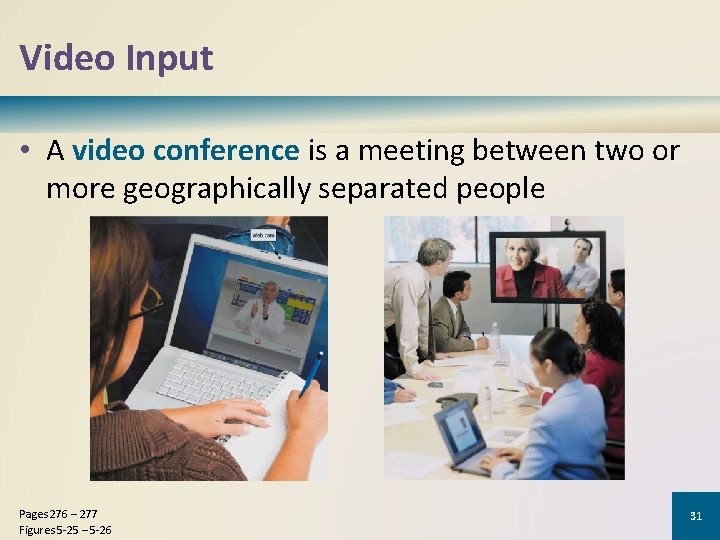Video Input • A video conference is a meeting between two or more geographically