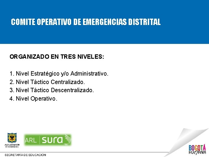 COMITE OPERATIVO DE EMERGENCIAS DISTRITAL ORGANIZADO EN TRES NIVELES: 1. Nivel Estratégico y/o Administrativo.