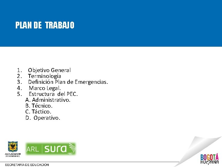 PLAN DE TRABAJO 1. Objetivo General 2. Terminología 3. Definición Plan de Emergencias. 4.