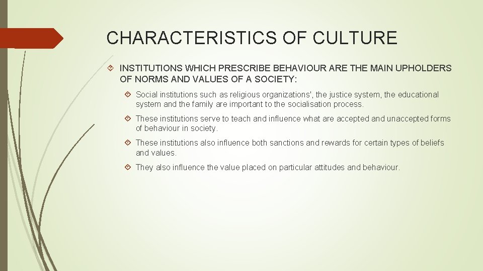 CHARACTERISTICS OF CULTURE INSTITUTIONS WHICH PRESCRIBE BEHAVIOUR ARE THE MAIN UPHOLDERS OF NORMS AND