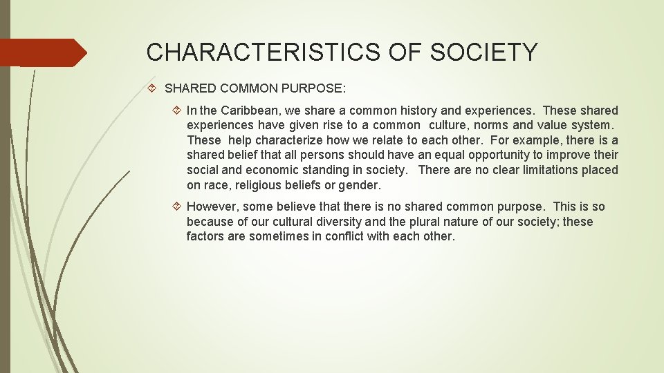 CHARACTERISTICS OF SOCIETY SHARED COMMON PURPOSE: In the Caribbean, we share a common history