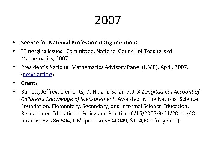 2007 • Service for National Professional Organizations • "Emerging Issues" Committee, National Council of