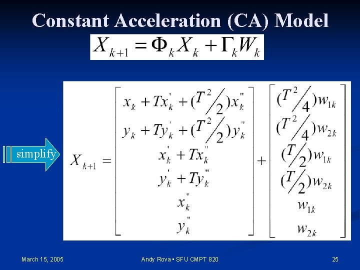 Constant Acceleration (CA) Model simplify March 15, 2005 Andy Rova • SFU CMPT 820