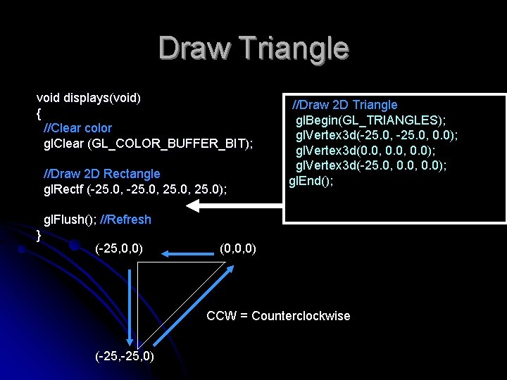 Draw Triangle void displays(void) { //Clear color gl. Clear (GL_COLOR_BUFFER_BIT); //Draw 2 D Rectangle