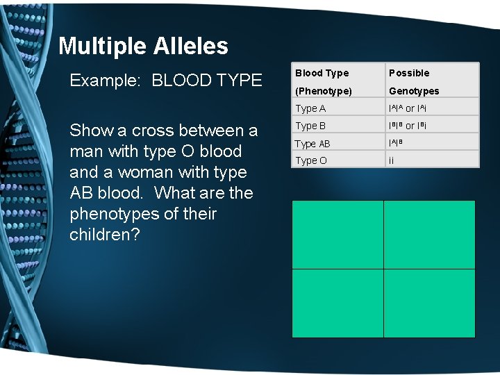 Multiple Alleles Example: BLOOD TYPE Show a cross between a man with type O