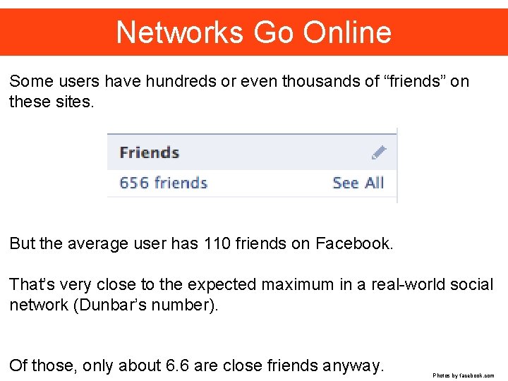 Networks Go Online Some users have hundreds or even thousands of “friends” on these