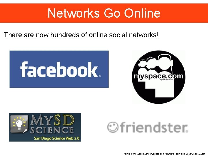 Networks Go Online There are now hundreds of online social networks! Photos by facebook.