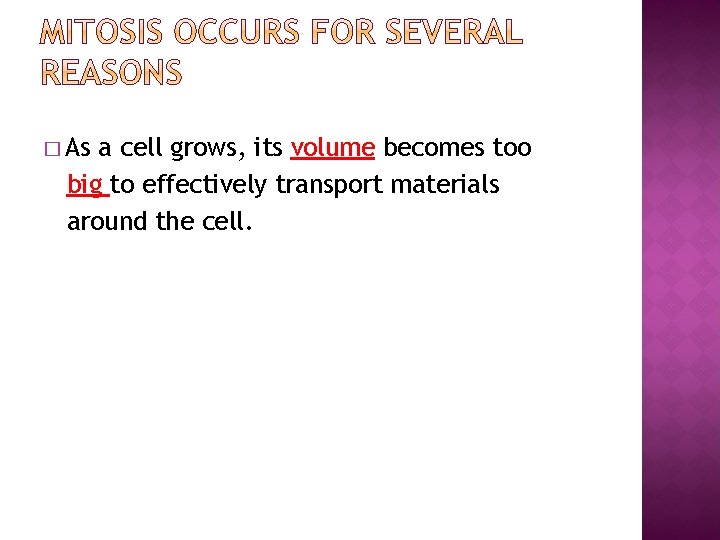 � As a cell grows, its volume becomes too big to effectively transport materials