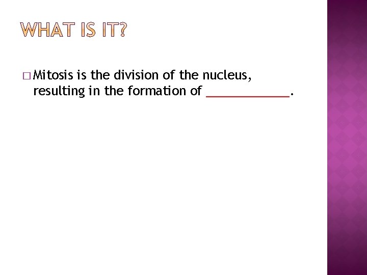 � Mitosis is the division of the nucleus, resulting in the formation of ______.