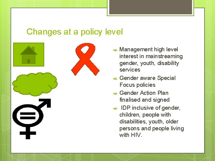 Changes at a policy level Management high level interest in mainstreaming gender, youth, disability