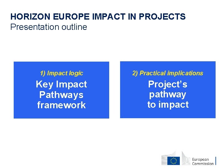 HORIZON EUROPE IMPACT IN PROJECTS Presentation outline 1) Impact logic 2) Practical implications Key