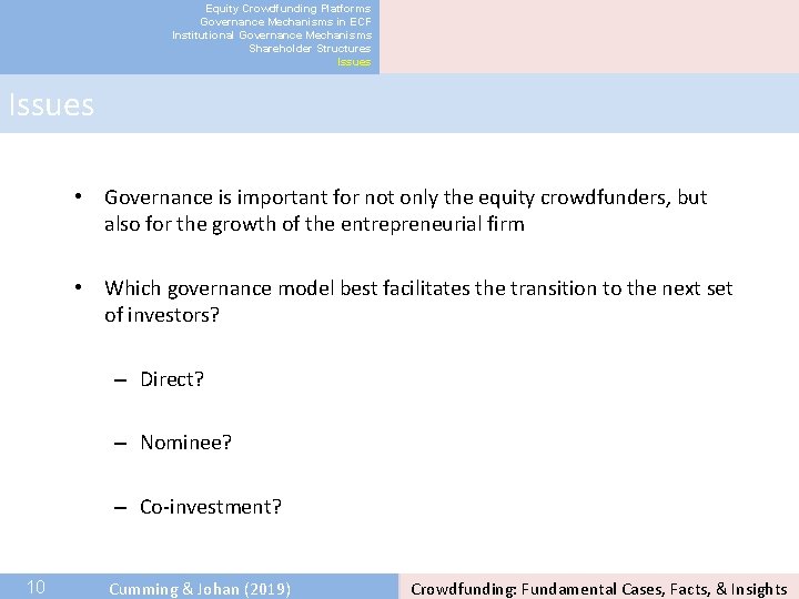 Equity Crowdfunding Platforms Governance Mechanisms in ECF Institutional Governance Mechanisms Shareholder Structures Issues •