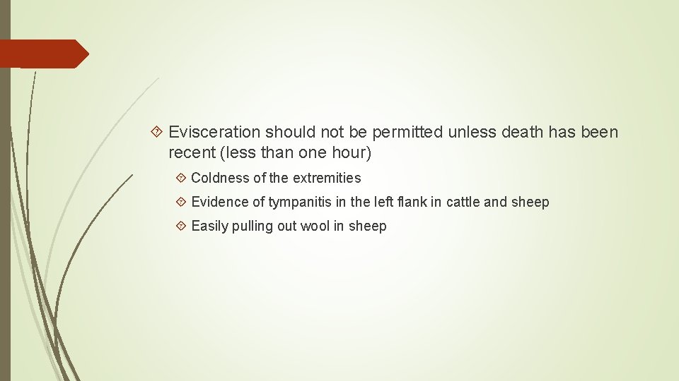  Evisceration should not be permitted unless death has been recent (less than one