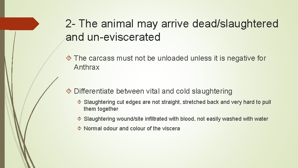 2 - The animal may arrive dead/slaughtered and un-eviscerated The carcass must not be