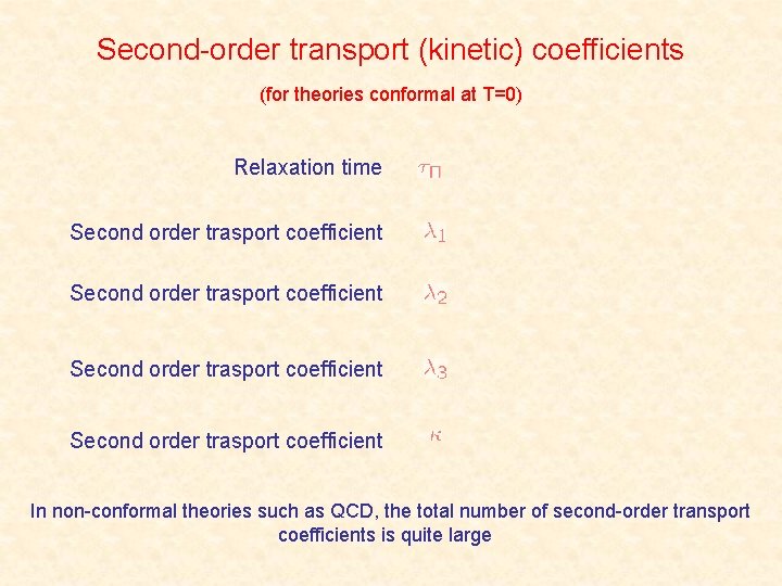 Second-order transport (kinetic) coefficients (for theories conformal at T=0) Relaxation time Second order trasport