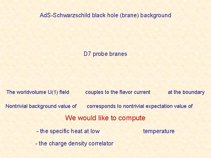 Ad. S-Schwarzschild black hole (brane) background D 7 probe branes The worldvolume U(1) field