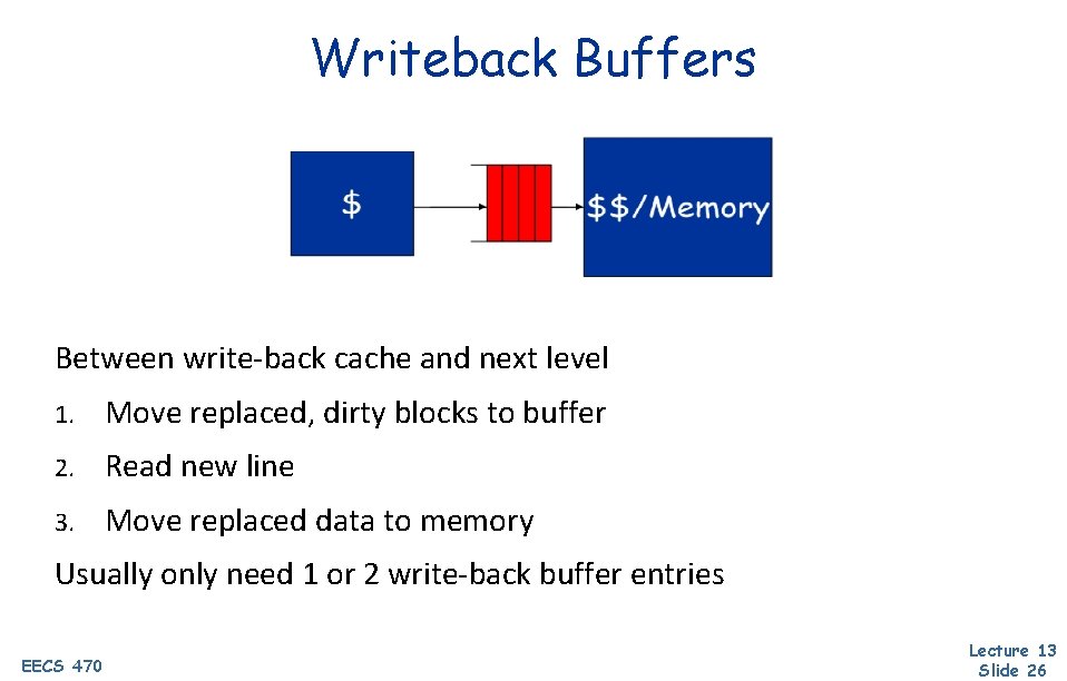 Writeback Buffers Between write-back cache and next level 1. Move replaced, dirty blocks to