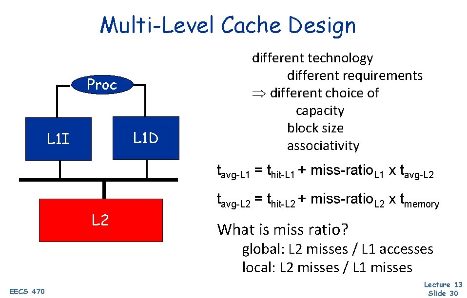 Multi-Level Cache Design Proc L 1 D L 1 I different technology different requirements