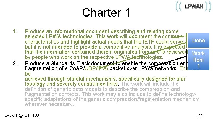 Charter 1 1. 2. Produce an Informational document describing and relating some selected LPWA