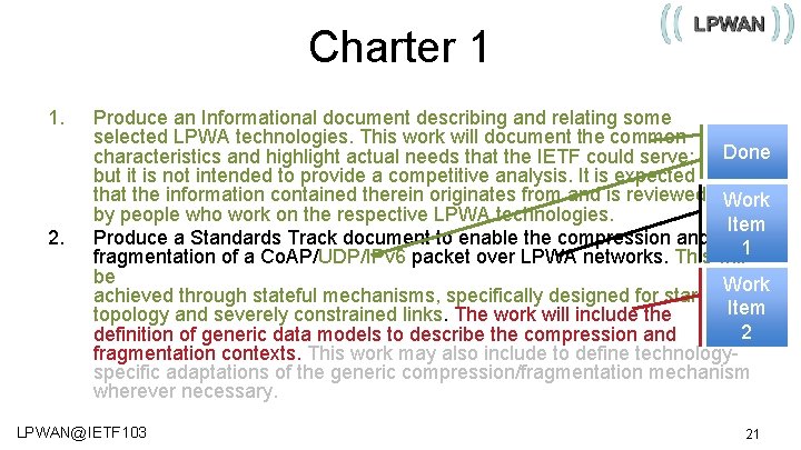 Charter 1 1. 2. Produce an Informational document describing and relating some selected LPWA