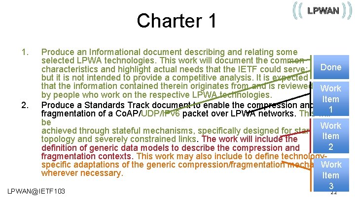 Charter 1 1. 2. Produce an Informational document describing and relating some selected LPWA