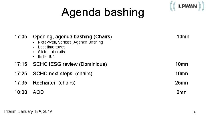 Agenda bashing 17: 05 Opening, agenda bashing (Chairs) • • 10 mn Note-Well, Scribes,