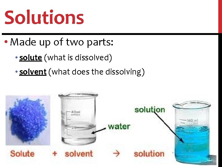 Solutions • Made up of two parts: • solute (what is dissolved) • solvent