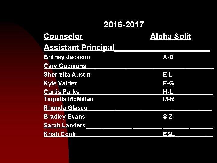 2016 -2017 Counselor Alpha Split Assistant Principal___________ Britney Jackson A-D Cary Goemans___________________ Sherretta Austin