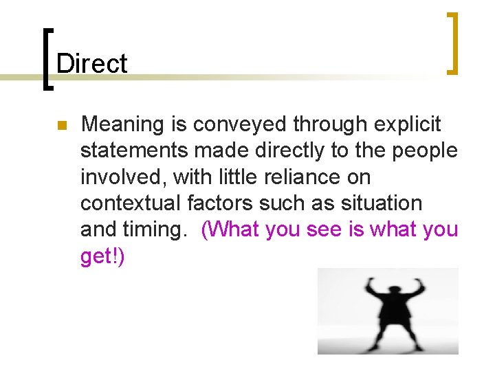 Direct n Meaning is conveyed through explicit statements made directly to the people involved,