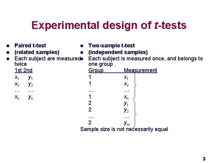 Experimental design of t-tests n n n Paired t-test n (related samples) n Each