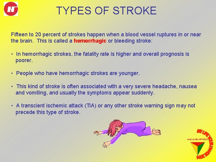 TYPES OF STROKE Fifteen to 20 percent of strokes happen when a blood vessel