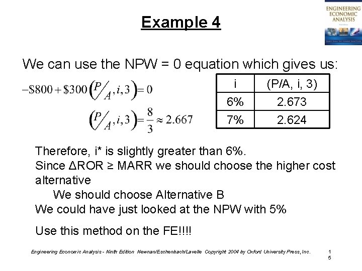 Example 4 We can use the NPW = 0 equation which gives us: i