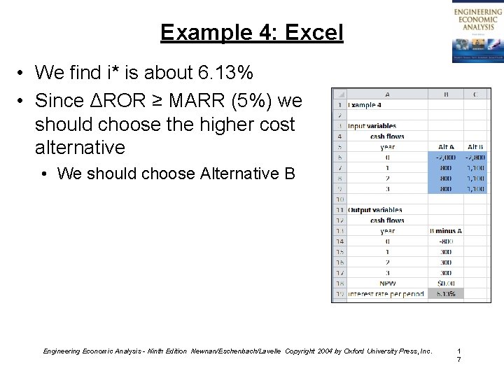 Example 4: Excel • We find i* is about 6. 13% • Since ΔROR