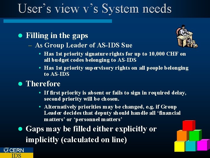 User’s view v’s System needs l Filling in the gaps – As Group Leader