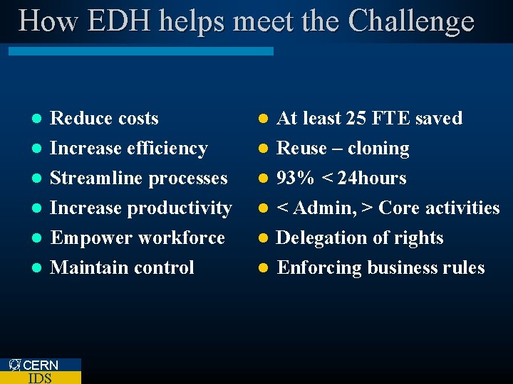 How EDH helps meet the Challenge l l l Reduce costs Increase efficiency Streamline
