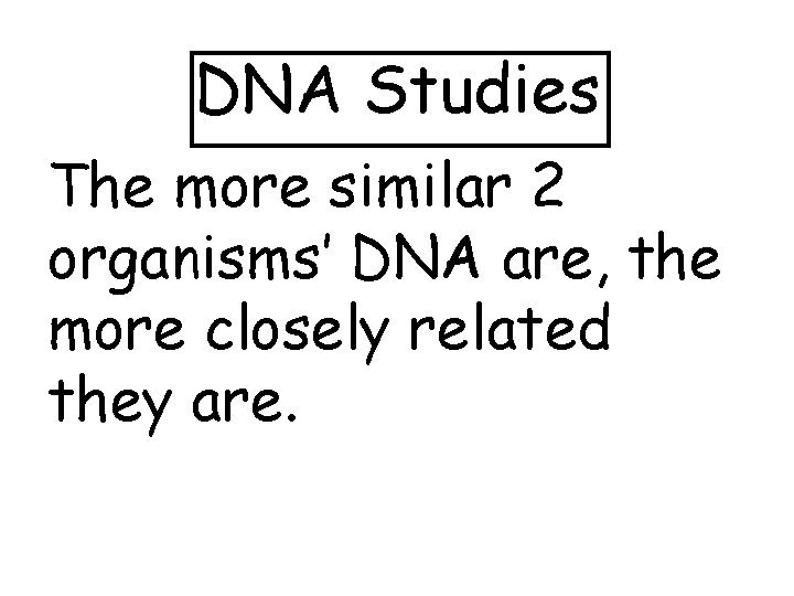 DNA Studies The more similar 2 organisms’ DNA are, the more closely related they