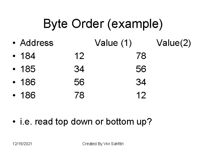 Byte Order (example) • • • Address 184 185 186 Value (1) 12 34