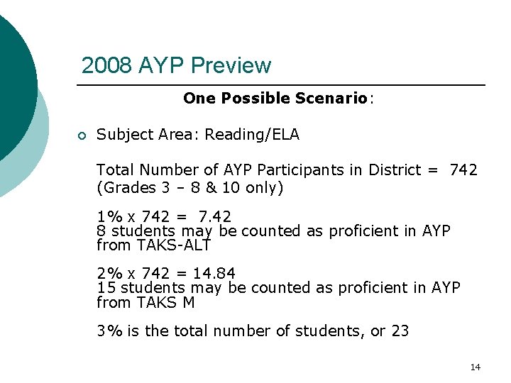 2008 AYP Preview One Possible Scenario: ¡ Subject Area: Reading/ELA Total Number of AYP