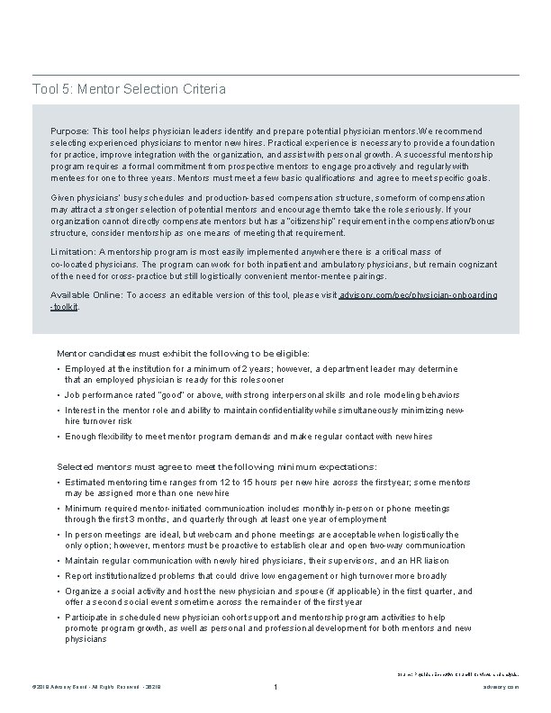 Tool 5: Mentor Selection Criteria Purpose: This tool helps physician leaders identify and prepare