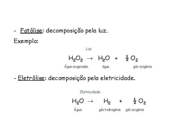 QUÍMICA, 1ª ANO REAÇÕES QUÍMICAS - CLASSIFICAÇÃO - Fotólise: decomposição pela luz. Exemplo: Luz