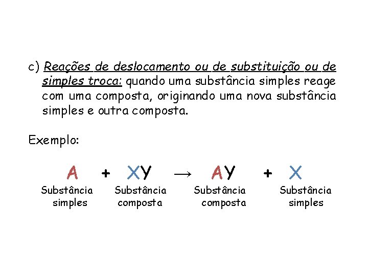 QUÍMICA, 1ª ANO REAÇÕES QUÍMICAS - CLASSIFICAÇÃO c) Reações de deslocamento ou de substituição