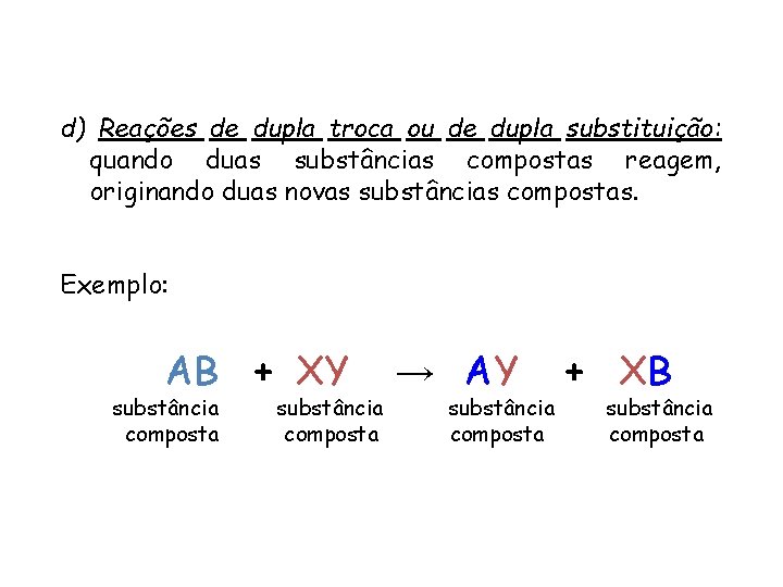 QUÍMICA, 1ª ANO REAÇÕES QUÍMICAS - CLASSIFICAÇÃO d) Reações de dupla troca ou de