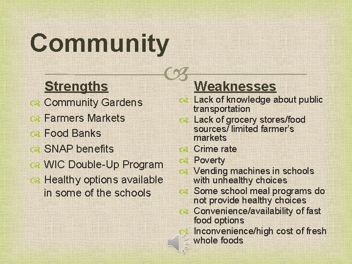 Community Strengths Weaknesses Community Gardens Farmers Markets Food Banks SNAP benefits WIC Double-Up Program