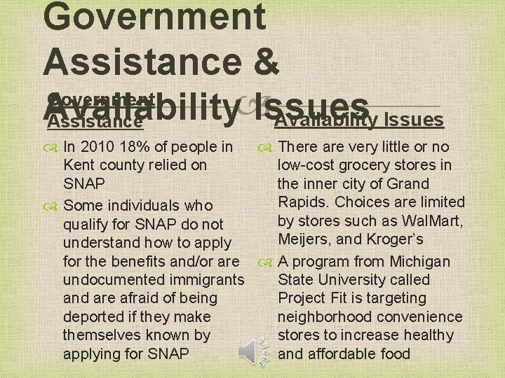 Government Assistance & Government Availability Issues Assistance In 2010 18% of people in There