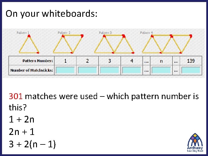 On your whiteboards: 301 matches were used – which pattern number is this? 1