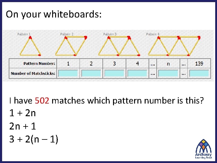 On your whiteboards: I have 502 matches which pattern number is this? 1 +